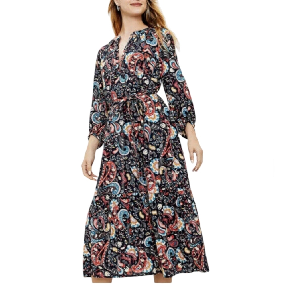LOFT Shimmer Floral Paisley Long Sleeves Tie Neck Midi Dress, M